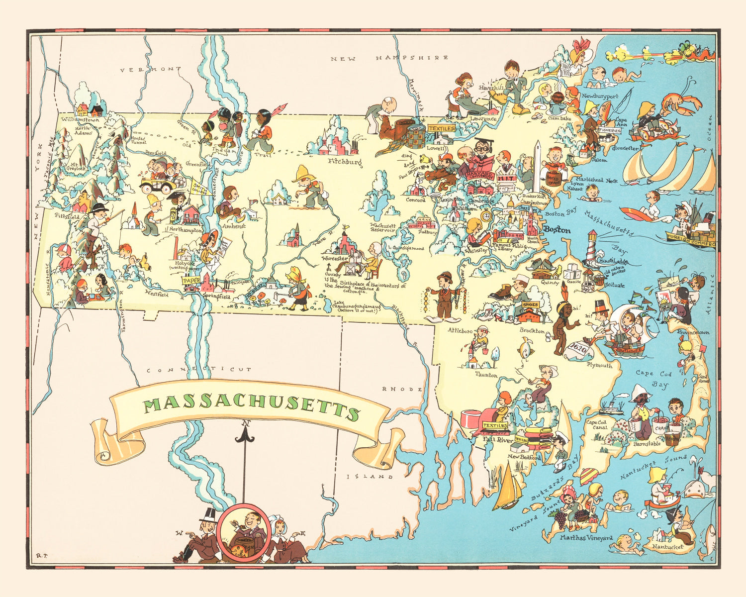 Vintage Map of Massachusetts 1935