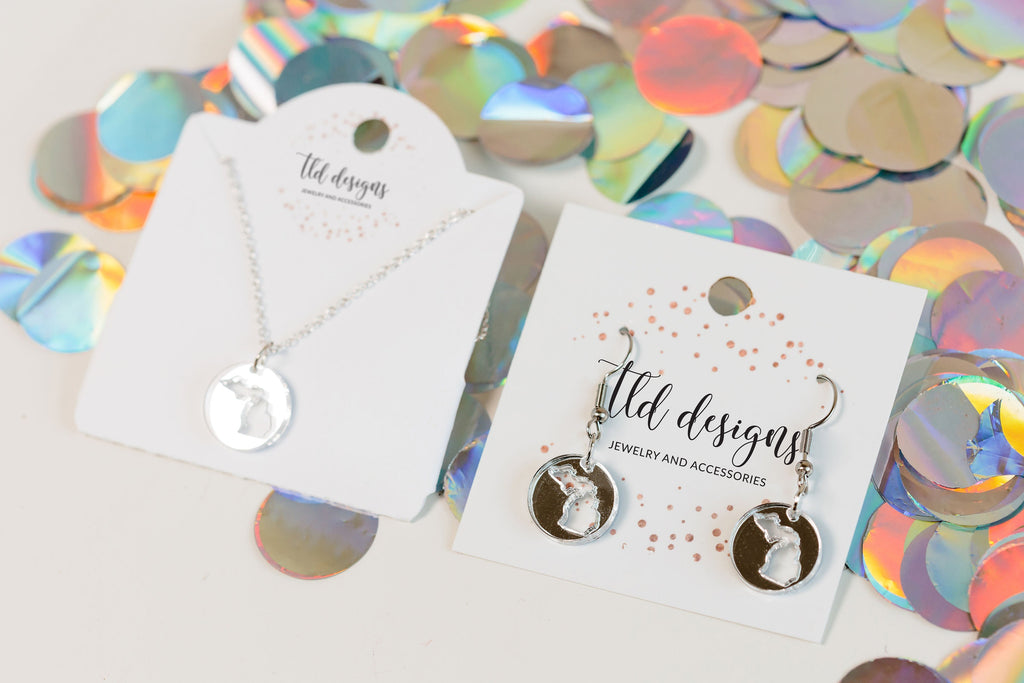 Michigan mirrored acrylic earrings and necklace