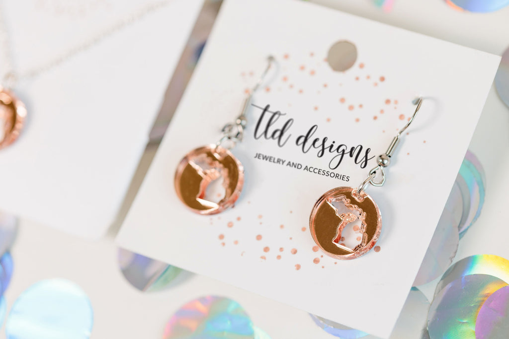 Michigan mirrored acrylic earrings and necklace