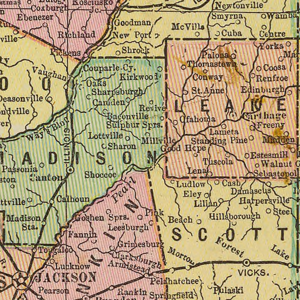Vintage Map of Mississippi 1909