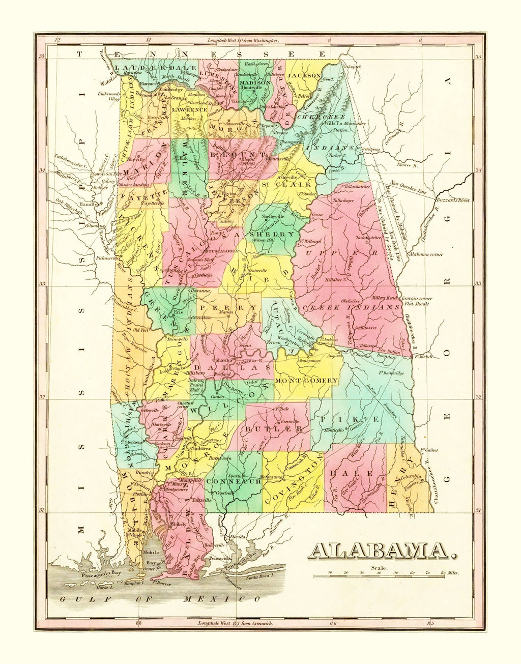 Vintage Map of Alabama 1831