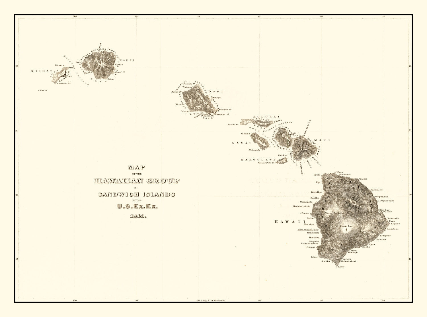 Vintage Map of Hawaii 1845
