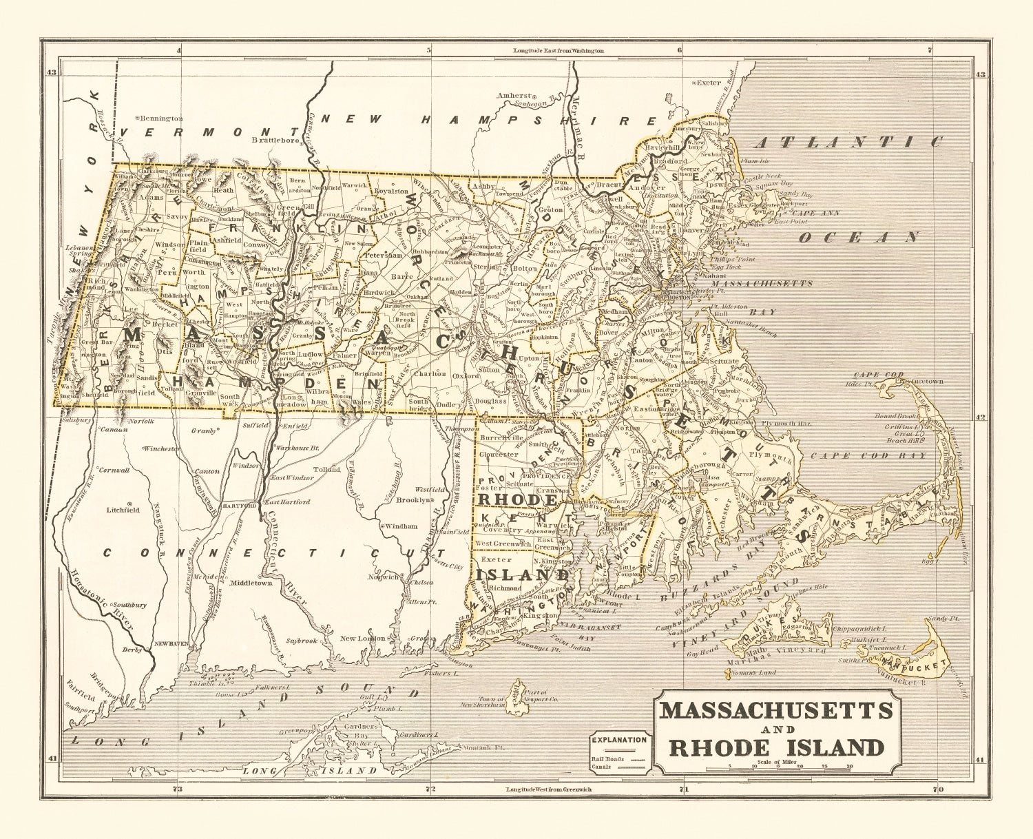 Vintage Map of Massachusetts 1842