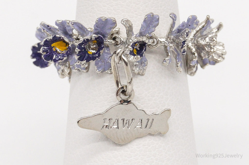 Vintage "Hawaii" State Purple Flowers Enamel Sterling Silver Ring - Size 5
