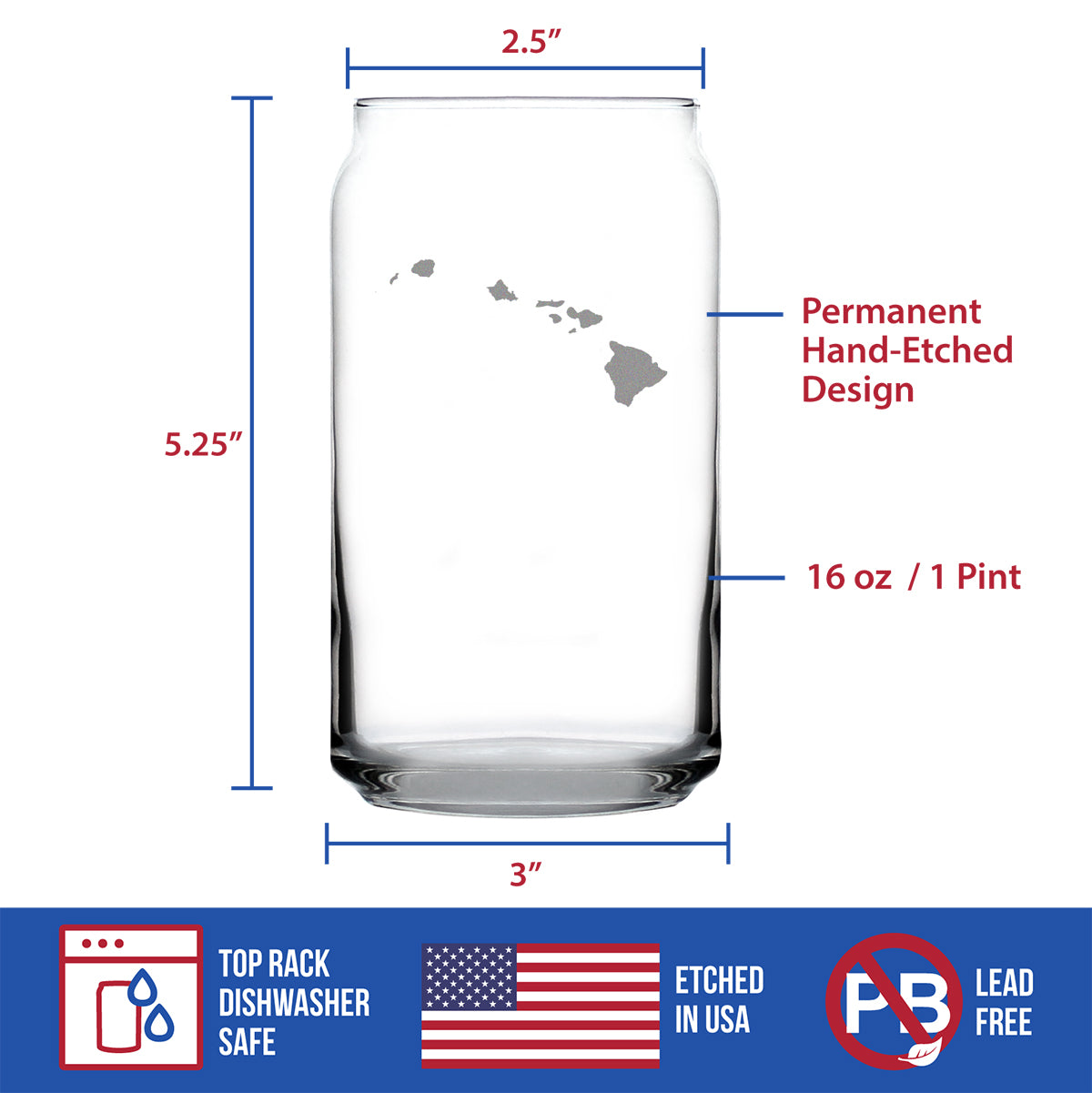 Hawaii State Outline Beer Can Pint Glass - State Themed Drinking Decor and Gifts for Hawaiian Women & Men - 16 Oz Glasses