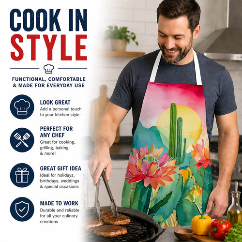 Arizona Saguaro Cactus Blossom in Watercolor Apron Cooking Kitchen Server Baking Crafts Gardening for Adult Women Men, Unisex, Large, Multicolor