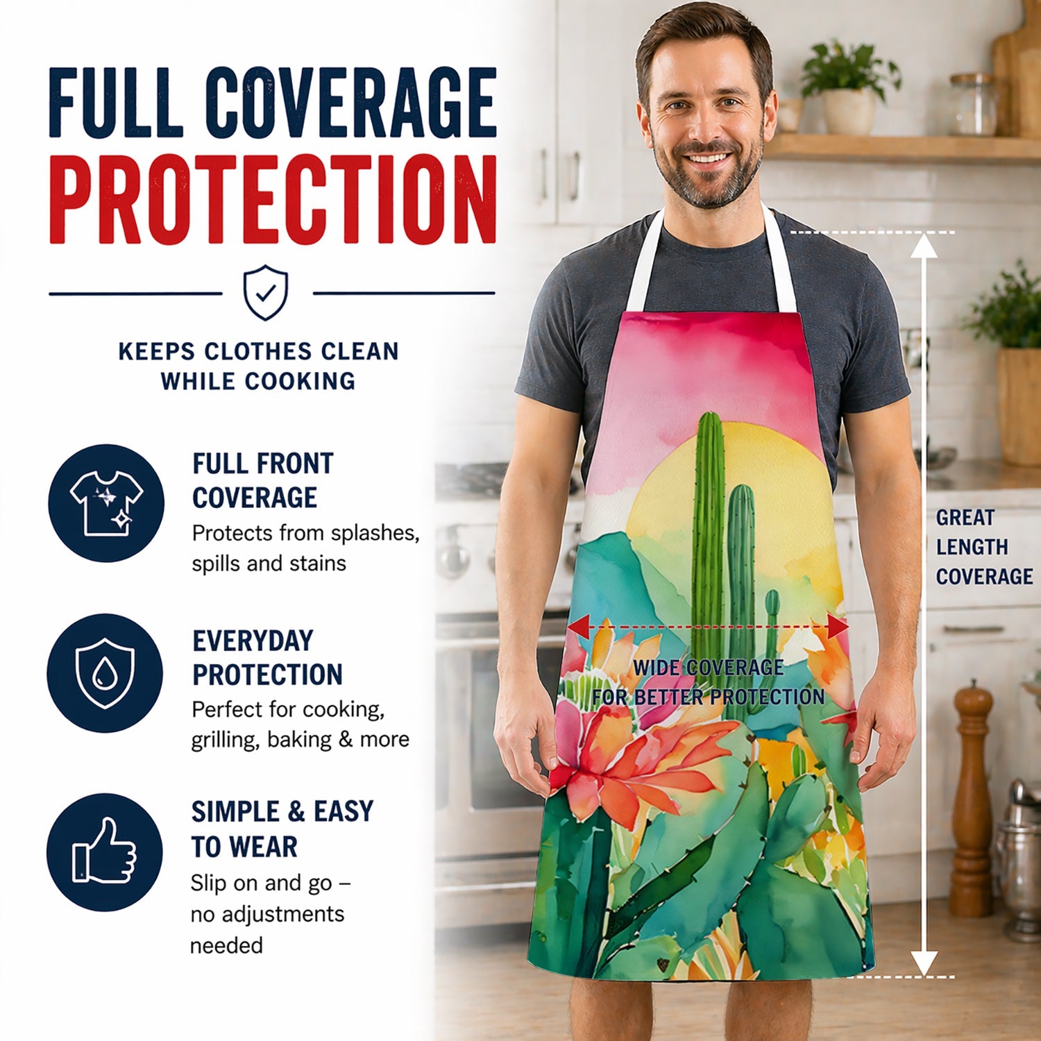 Arizona Saguaro Cactus Blossom in Watercolor Apron Cooking Kitchen Server Baking Crafts Gardening for Adult Women Men, Unisex, Large, Multicolor