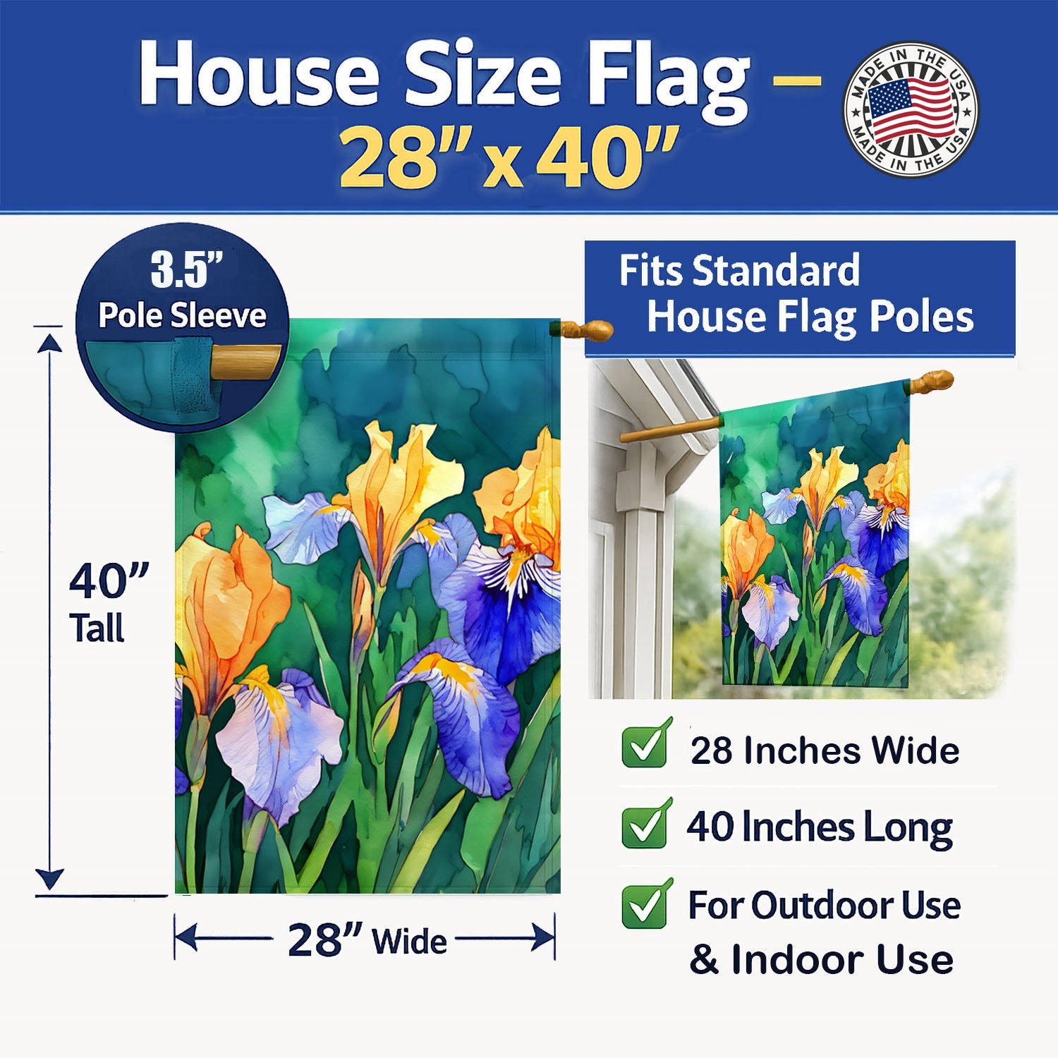 Tennessee Iris in Watercolor House Flag Large Porch Sleeve Pole Decorative Outside Yard Banner Artwork Wall Hanging, Polyester, House Size, Multicolor