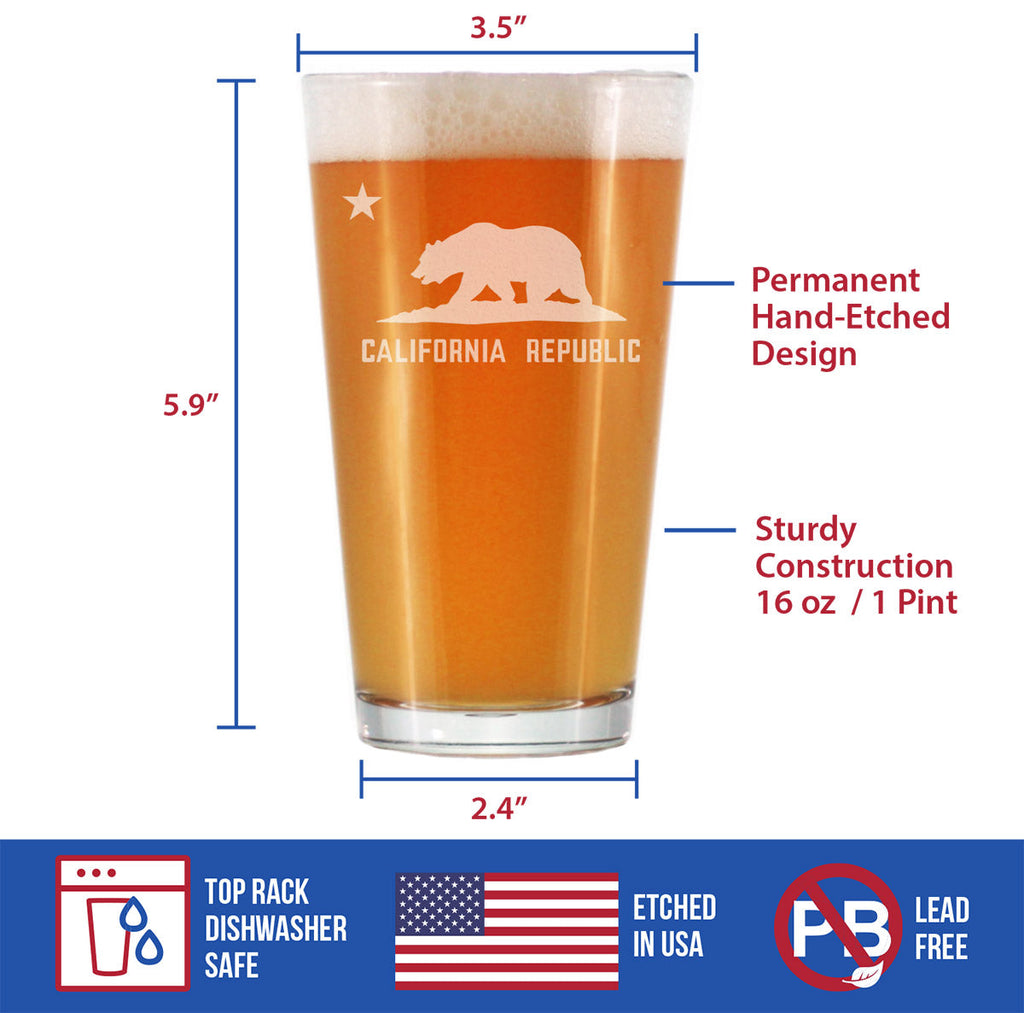 California State Flag Pint Glass for Beer - State Themed Drinking Decor and Gifts for Californian Women & Men - 16 Oz Glasses