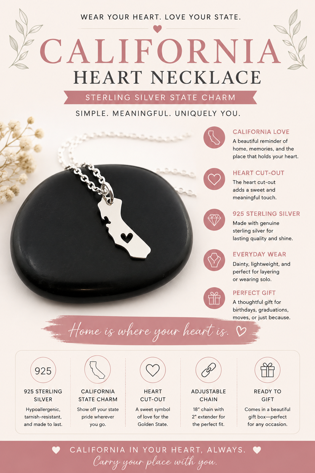 California State Heart Cut Out Charm Sterling Silver Necklace