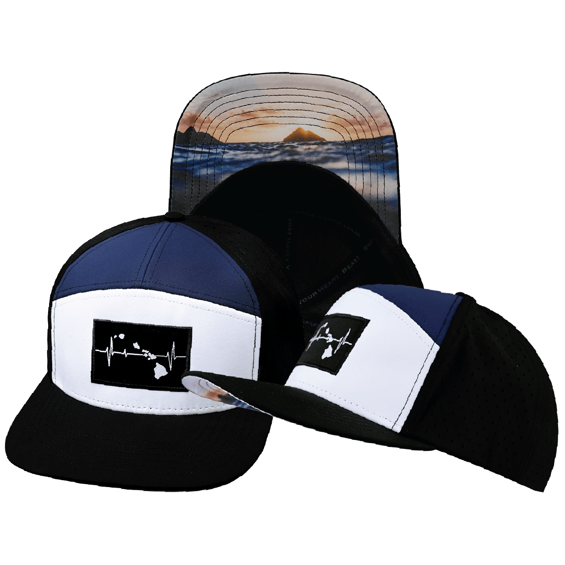 Hawaii Hat - Flat Bill - Black / White / Navy - Laser Mesh