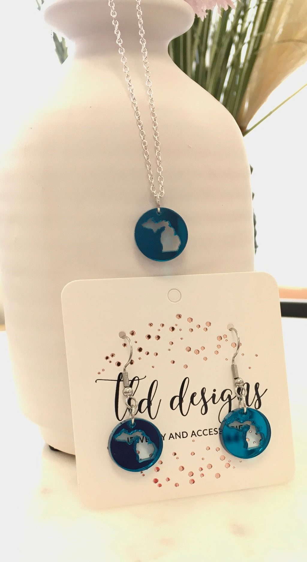 Michigan mirrored acrylic earrings and necklace