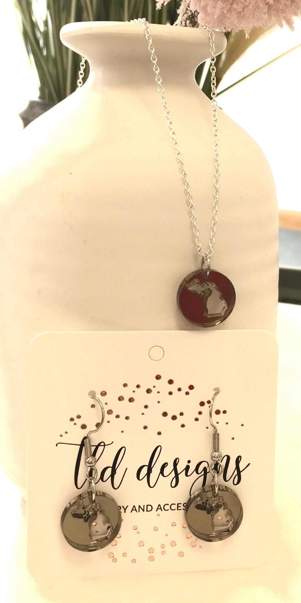Michigan mirrored acrylic earrings and necklace